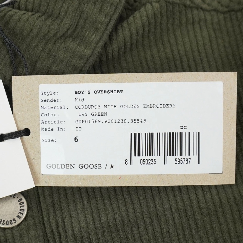 NWT [Golden Goose] Green Long-Sleeve Button-Up Embroidered Corduroy Shirt Kids 6 - Picture 11 of 12